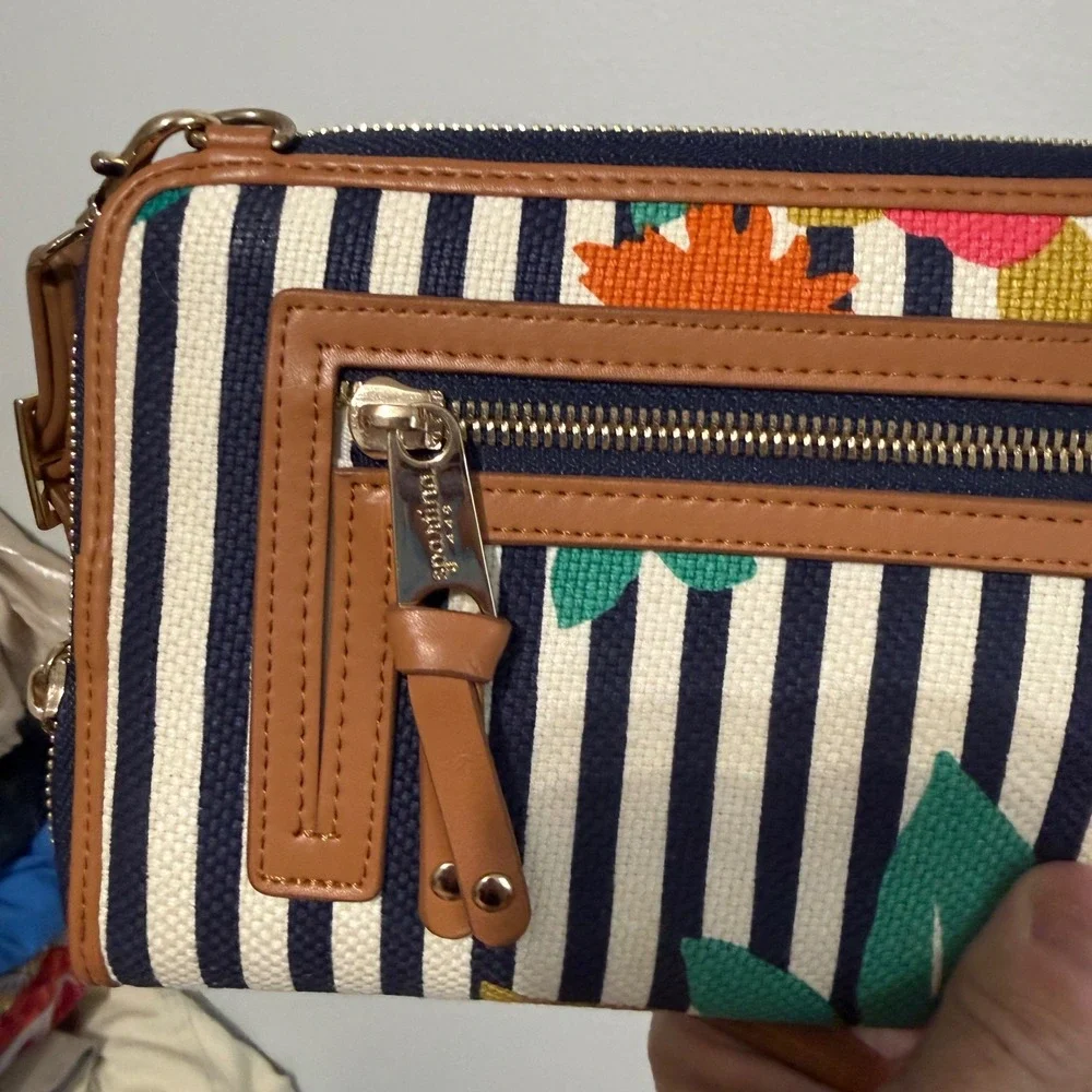 Spartina 449 Crossbody Wallet Floral Stripe Small Tan Good Canvas Mermaid Logo - Picture 11 of 12